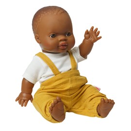 Heless Paola Reina Gordi 54023 Boys Baby Doll with Muslin Dungarees in Honey Yellow and a White Shirt, Made of Organic Cotton, Doll in Size 34 cm