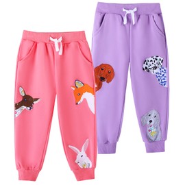 HILEELANG Toddler Girls Cotton Joggers Sweatpants Animal Embroidery Drawstring Waist and Pockets-Pink Purple Casual Athletic Pants for Kids 3Y