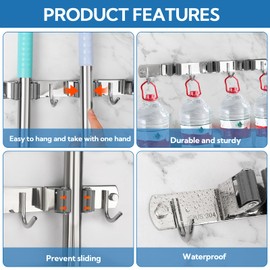 3 Pack Silver Mop and Broom Holder Wall Mount Self Adhesive 3 Racks with 4 Hooks Broom Organizer Wall Mount Stainless Steel Broom Hanger for Home Kitchen Garden Laundry Garage Organization Storage