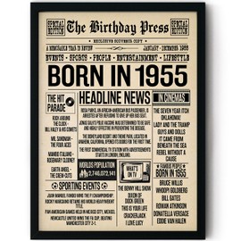 Stuff4 70th Birthday Poster Framed - Born In 1955 Newspaper - Happy 70th Birthday Gifts for Men Women Vintage Retro Back In 1955, 8x10 Inch Seventy Seventieth Bday Party Decor Decoration