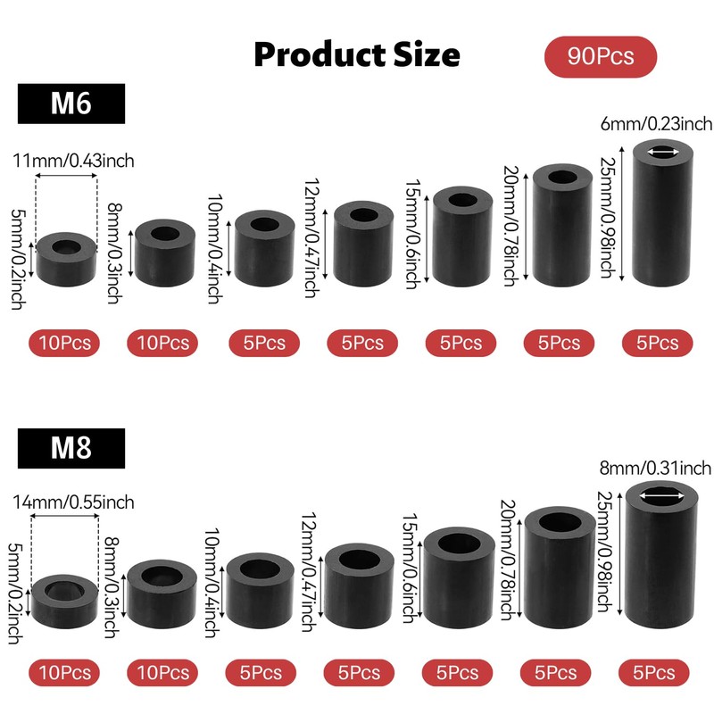 90pcs ABS Round Spacer Washer Assortment Kit, Insulation Column Standoff