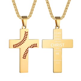 Baseball Cross Necklace for Men - Inspirational Bible Verse Pendant, Stainless Steel Chain 22+2 inch, Sports Gift for Men (Gold - I CAN DO)
