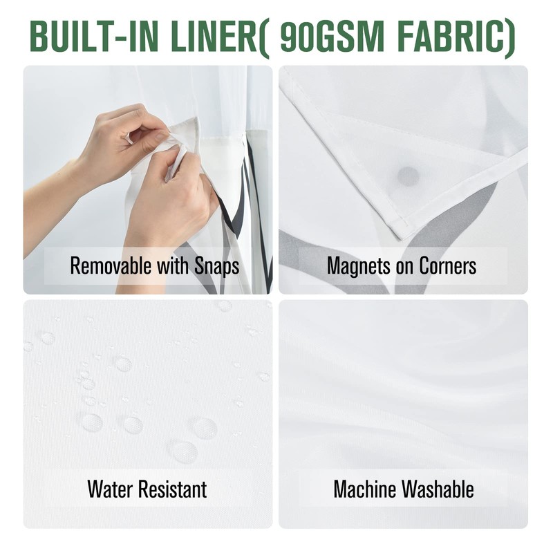 Yiatn No Hook Needed White Shower Curtain with Snap in