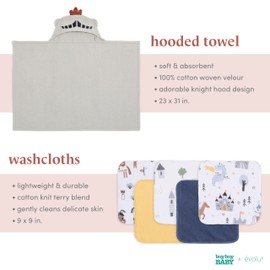 Evolur Good Knight 6 pc Baby Gift Set, Includes Hooded Towel & 5pc Wash Cloths, Soft and 100% Cotton Woven, for Newborn, Infants and Toddlers 0-9 Months