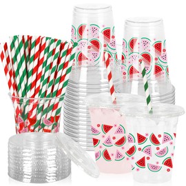 Whaline 50Pcs Watermelon Plastic Cups with Lids and Straws Red Pink Watermelon Flower Clear Plastic Cups 12oz Disposable Cups for Summer Party Supplies