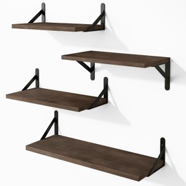 YGEOMER Floating Shelves for Wall, Walnut Wall Shelves Different Sizes, Wall Mounted Wood Shelf for Living Room, Bathroom, Bedroom, Kitchen, Home Decor (Set of 4)