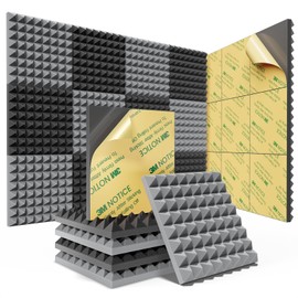 Sonicism Acoustic Panels Self-Adhesive Pyramid 12 Pack,12" X 12" X 1" Sound Proof Foam Panels for walls,35kg/m³High Density Soundproof Wall Panels Fast Expand,Sound Absorption & Decoration,Black/Gray