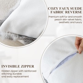 MOOX Rabbit Fur Pillow Covers Set of 2 Fur Throw Lumbar Decorative Pillow Fuzzy Soft Fluffy Genuine Animal Skin 18"x18" Sofa Couch Bed Cover, Couch-Grey White