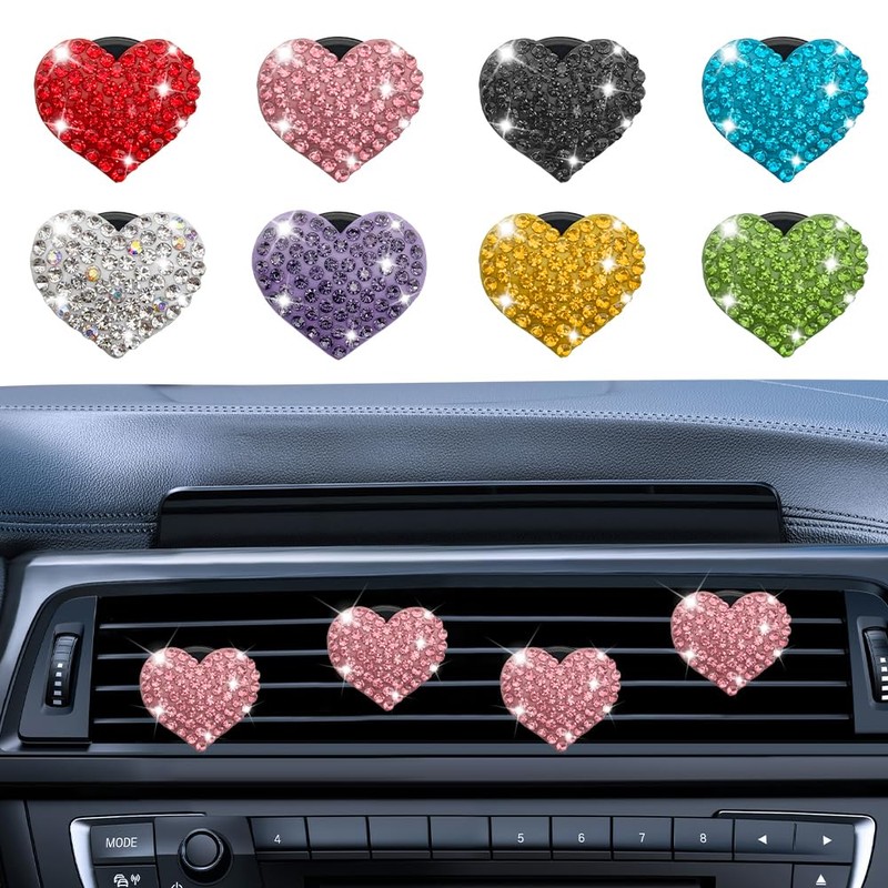 4PCS Heart-Shaped Car Vent Clips with Rhinestone, Automotive Air Fresheners