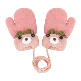 Faxianther Toddler Kids Cute Bear Knitting Gloves Baby Girls Boys Winter Warm Thicken Plush Lining Full-Fingered Gloves Mittens Outdoor Short Mitts Hands Warmer With String