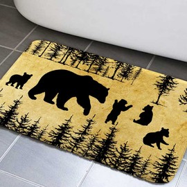 Bear Bathroom Rugs, Animal Black Bear Design Bath Mat, Non Slip Bath Mat with Black Bear Forest Trees Rustic Cabin Bathroom Rustic Cabin Lodge Farmhouse Mat Rugs for Living Room Area Rugs (17X29inch)