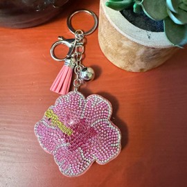 Popfizzy Rhinestone Hawaiian Hibiscus Flower Keychain for Women, Pink Bag Charm, Floral Purse Charm, Bling Flower Gifts