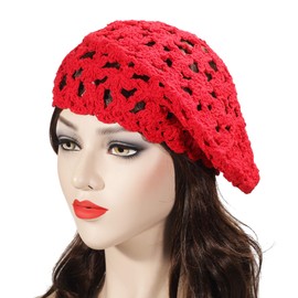 ZLYC Women Cotton Slouchy Crochet Beret Handmade Cutout Floral Beanie Hat (Red),One Size