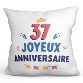 MUGFFINS 37 Birthday Pillow Cushion Padding included - in French - Joyeux anniversaire! - Funny Anniversary Present - 15.7x15.7 inches