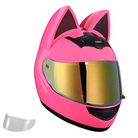 Cat Ear Offroad Helmets,Men and Women Full Face Motorcycle Helmet,for Dirt Bike, Four-Wheeled ATV (Pink Helmet Gold Lens, Medium)
