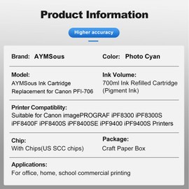 AYMSous AYMSous Compatible Pigment Ink Cartridge Replacement for Canon PFI-706 PFI-706PC for Canon imagePROGRAF iPF8300 iPF8300S iPF8400F iPF8400S iPF8400SE iPF9400 iPF9400S (700ML Photo Cyan Pigment)
