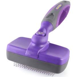 HERTZKO Self Cleaning Slicker Brush with Plastic Tips for Sensitive Dogs and Cats. Gently Removes Loose Fur, Undercoat, Mats, and Tangled Hair. Safe and Painless for Your Pet