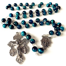 Elegantmedical - Collar hecho a mano con diseño de pavo real Bule con ojo de tigre de Nuestra Señora de la Gracia Rosario de pavo real