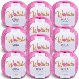 Wollidu Kira 100% Cotton for Knitting and Crocheting 10 x 50 g Set Crochet Yarn Pink