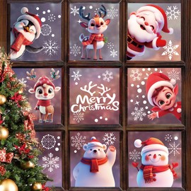 KIMOBER 500Pcs Christmas Window Clings,Colorful 3D Cartoon Santa Claus Snowman Bear Elk Penguin Snowflakes Window Glass Decorations for Party Supplies