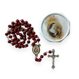 St Rita Rose Scented Red Wood Beaded Rosary 18"" Necklace with Matching White Case Catholic Religous Christian Gift Rosario Rojo de Santa Rita