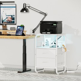 runjuly LED Nightstand, White Night Stand with Charger Station, Bed Side Table with Storage, Bedside Table with Drawers & Hooks, End Table with USB Ports & Outlets, Night Table for Living Room, Dorm