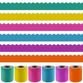 Wokape 6 Rolls 32.8 ft/ 10m Colorful Bulletin Board Borders Bulletin Board Trim with Wavy Line Design Scalloped Border Trim for Classroom, School & Office Decor