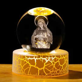 6cm 3D Virgin Mary Figurine Crystal Ball with Warm Light Base Catholic Gifts for Women Religious Christian Mary Statue Collectible Ornament