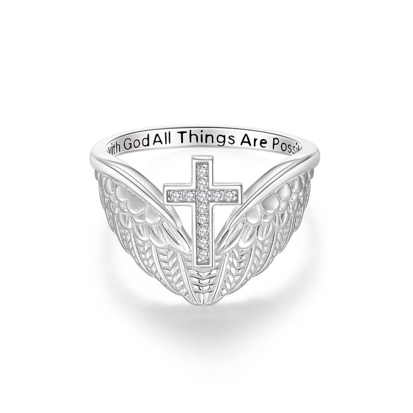 PEIMKO Baptism Gifts Cross Angel Wings Ring in 925 Sterling