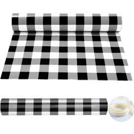 Whaline Cellophane Wrap Roll Black White Buffalo Plaid Clear Wrapping Paper with Ribbon Plastic Gift Basket Wrap for Xmas Birthday DIY Craft Supplies, 32 Inch x 100 Ft