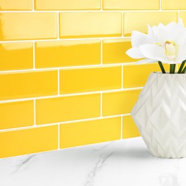 Livelynine Yellow Subway Tile Peel and Stick Backsplash Mustard Yellow Stick on Backsplash Tiles for Kitchen Back Splash Self Adhesive Wall Tiles for Bathroom Waterproof Shower Tile Sticker 4pcs 12x12