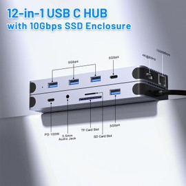 12-in-1 Hub with M.2 NVMe/SATA SSD Enclosure – Adapter for PCIe 3.0 NVMe M.2 SSD & 2.5-inch SATA HDD, 4K/60Hz HDMI, USB 3.0 (5Gbps), USB-C (5Gbps), RJ45 – Compatible with Windows & MacBook Pro