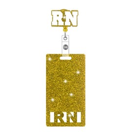 Registered Nurse RN Glitter Badge Reel with Badge Buddy Retractable Gold Badge Holder with Belt Clip ID Badge for Nurse Heavy Duty Spill Proof & Tear Resistant Steel Wire Cord