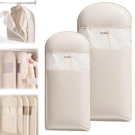 Space Saving Hanging Garment Bag with Self Compression Zipper, Space Saving Storage Compression Bag,Hanging Clothes Storage,Large Dust Cover Clothes Bags for Down Coat，Jacket, Shirt, Suit (Beige-M)