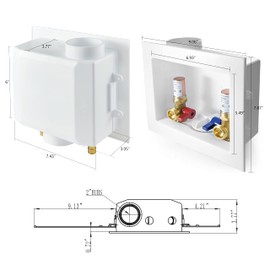 EFIELD Washing Machine Outlet Box, 1/2" Pex-A F1960 Expansion Connection x 3/4" MHT Connection, with Copper Water Hammer Arrestor, Center Drain with Brass 1/4 Turn Valves Installed,(WM013)