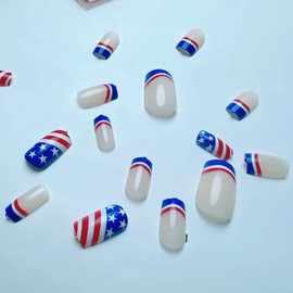 French Tip Press on Nails Square American Independence Day Fake Nails Glossy Medium Nails Red Blue White Stripes Star Flag Designs Glue on Nails Acrylic False Nails for Women DIY 4th of July - 24PCS