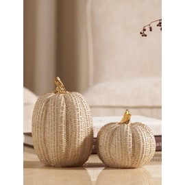 Fall Thanksgiving Pumpkin Decor Figurines, 2 PCS Fake Pumpkin Statues for Tabletop Decorating, White and Gold Resin Pumpkins for Autumn Harvest Luxury Fall Home Decor, Farmhouse, Gift Package