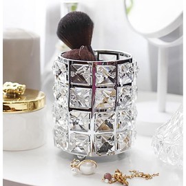 umely Crystal Trinket Case, Makeup Brush Case, Storage, Interior, Stylish, Gold, Cylindrical, Lip Stand, Transparent (Silver 1)