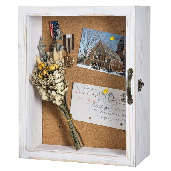 MyGift Whitewashed Wood Shadow Box, Wall Mounted Display Case w/