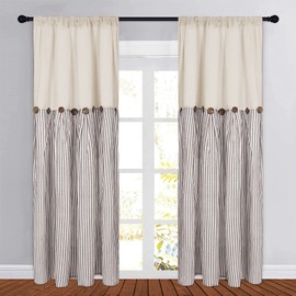 BLEUM CADE Cotton Linen Farmhouse Curtains Boho Rustic Button Curtains Natural and Brown Stripe Color Block Curtain Rod Pocket & Back Tab Window Drapes for Bedroom Living Room(52 x 84 Inch, 2 Panels)