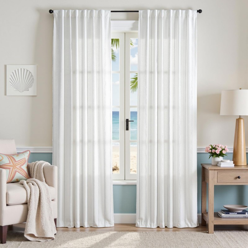 jinchan White Curtains Grey Striped Curtains 84 Inch Length for