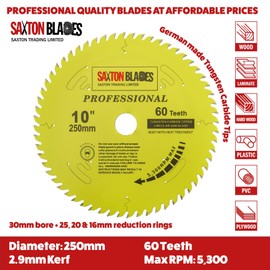 TCT25060TPRO Saxton Professional Range TCT Circular Saw Blade 250mm x 60T x 30mm Bore, 16, 20, 25mm Reduction Rings Compatible with Bosch Makita Dewalt etc