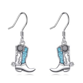 Western Cowgirl Boot Earrings - S925 Sterling Silver Turquoise Cowboy Dangle Drop Earrings, Texas Spur Country Western Jewelry Gifts for Women