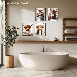 Dazzlewall Pack of 4 Funny Highland Cow Wall Pictures, Rustic Cow Canvas Pictures for Bathroom, Toilets Decoration, 8 x 10 Inches, Unframed