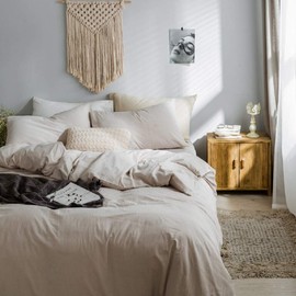 Beige Duvet Cover King, 100% Yarn Dyed Washed Cotton 3 Pieces Bedding Set, Solid Color Casual Simple Style Chambray Duvet Cover, Relaxed Soft Feel Natural Wrinkled Breathable Easy Care (Beige, King)