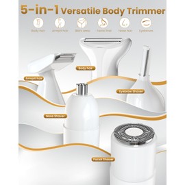 Happnear 2025 New Bikini Trimmer for Women - 5 in 1 Wet/Dry Electric Razor for Women, Rechargeable Electric Shaver, Travel Hair Remover for Face Nose Eyebrow Leg Pubic Armpit (White)