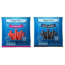 (PACK OF 2) Sugar Free Licorice Twists Candy - Original Black Licorice & Red Strawberry - Soft & Chewy - Each Flavor