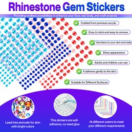 2408 Pieces of Self Adhesive Rhinestone Stickers - Set of 14 Assorted Sheets Stick On Gems for Parties, Face, Nail, Body, Makeup, DIY Crafts, Card Making, Decorations. 14 Colors in 3mm, 4mm, 5mm