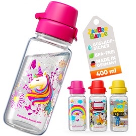 Zauberbande Drinking Bottle for Children - Unicorn - 400 ml, Suitable for Carbonated Drinks, 100% Leak-Proof, Made in Germany, Lightweight, Robust, BPA-Free - with Smiley Drinking Scale