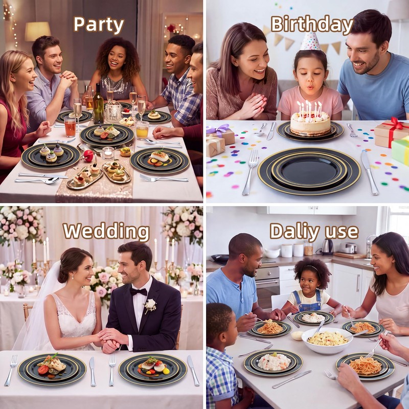 200PCS Black Plastic Plates, Disposable Plates with Gold Rim